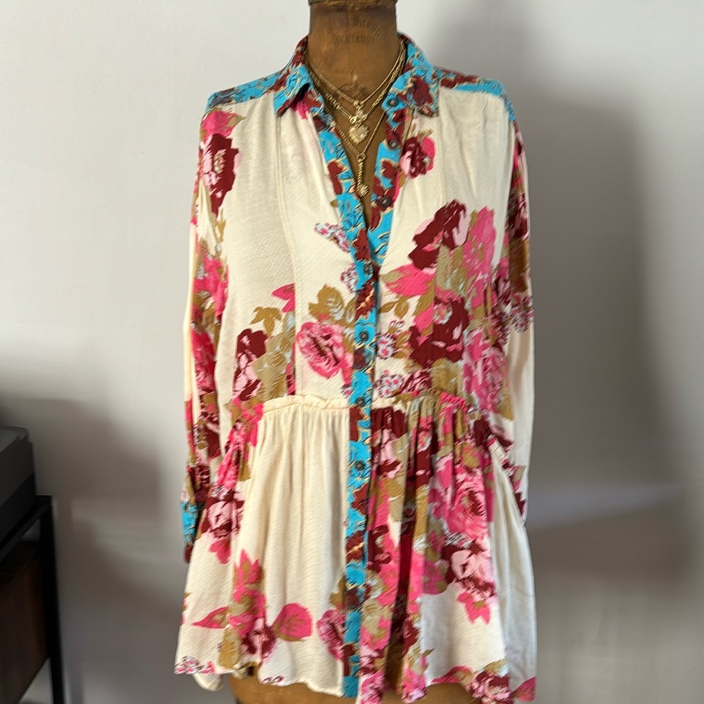 Stunning tunic , cream , brown , pink and turquoise, long sleeves
